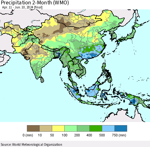 Asia Precipitation 2-Month (WMO) Thematic Map For 4/11/2024 - 6/10/2024