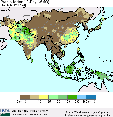 Asia Precipitation 10-Day (WMO) Thematic Map For 1/1/2022 - 1/10/2022