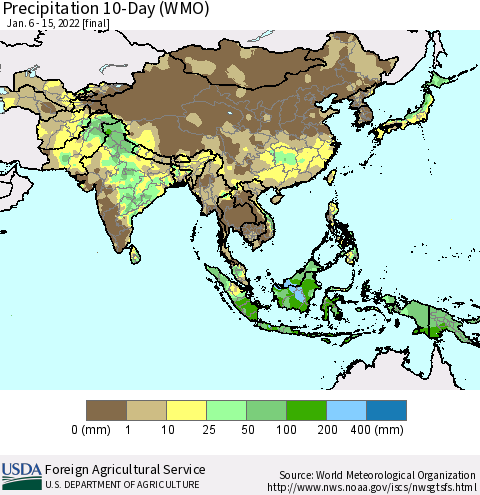 Asia Precipitation 10-Day (WMO) Thematic Map For 1/6/2022 - 1/15/2022