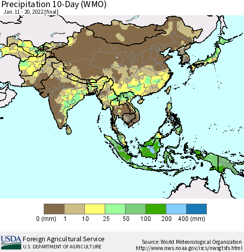 Asia Precipitation 10-Day (WMO) Thematic Map For 1/11/2022 - 1/20/2022