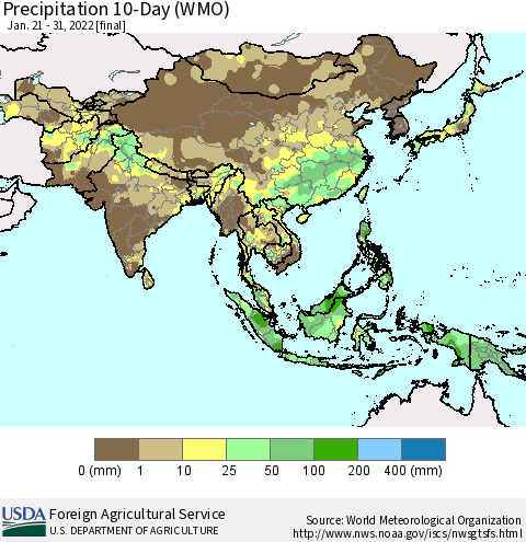 Asia Precipitation 10-Day (WMO) Thematic Map For 1/21/2022 - 1/31/2022