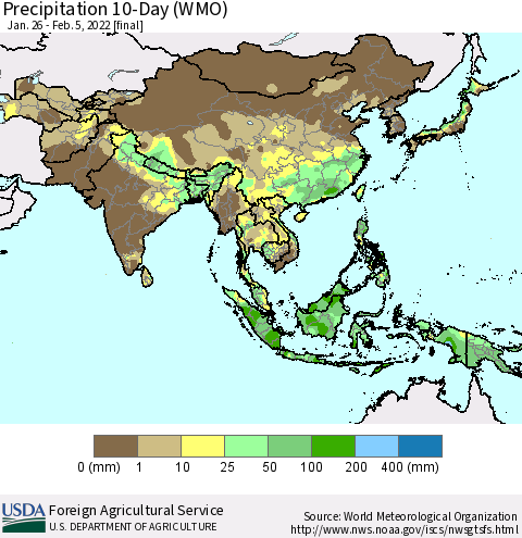 Asia Precipitation 10-Day (WMO) Thematic Map For 1/26/2022 - 2/5/2022