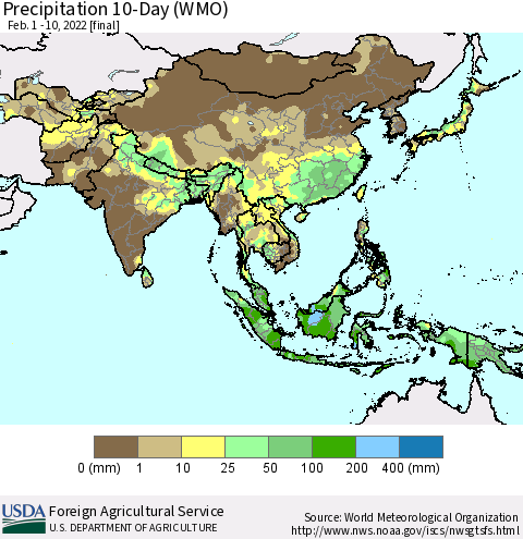 Asia Precipitation 10-Day (WMO) Thematic Map For 2/1/2022 - 2/10/2022