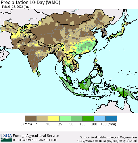 Asia Precipitation 10-Day (WMO) Thematic Map For 2/6/2022 - 2/15/2022