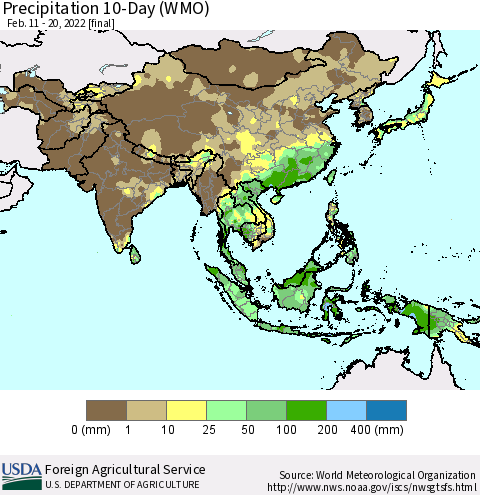 Asia Precipitation 10-Day (WMO) Thematic Map For 2/11/2022 - 2/20/2022