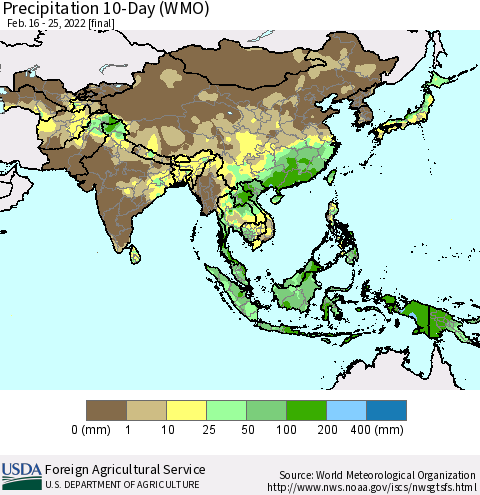Asia Precipitation 10-Day (WMO) Thematic Map For 2/16/2022 - 2/25/2022