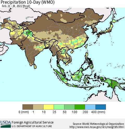 Asia Precipitation 10-Day (WMO) Thematic Map For 2/21/2022 - 2/28/2022