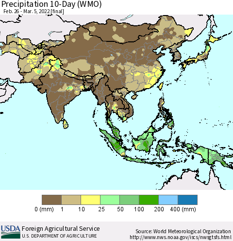 Asia Precipitation 10-Day (WMO) Thematic Map For 2/26/2022 - 3/5/2022