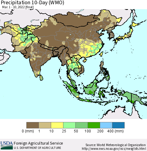Asia Precipitation 10-Day (WMO) Thematic Map For 3/1/2022 - 3/10/2022