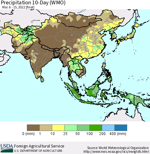 Asia Precipitation 10-Day (WMO) Thematic Map For 3/6/2022 - 3/15/2022