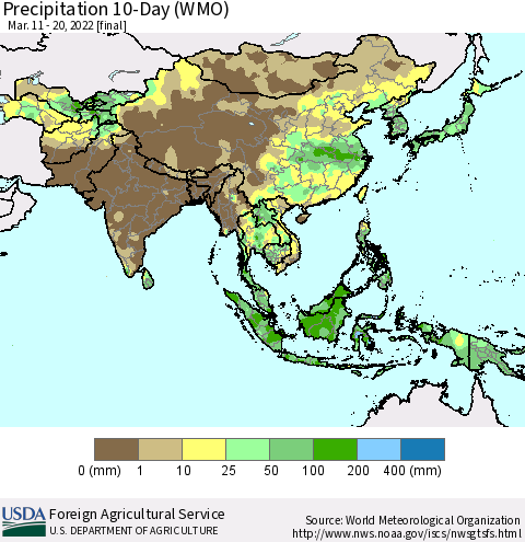 Asia Precipitation 10-Day (WMO) Thematic Map For 3/11/2022 - 3/20/2022