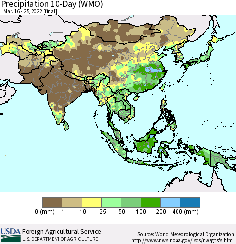 Asia Precipitation 10-Day (WMO) Thematic Map For 3/16/2022 - 3/25/2022
