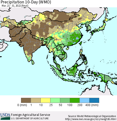 Asia Precipitation 10-Day (WMO) Thematic Map For 3/21/2022 - 3/31/2022