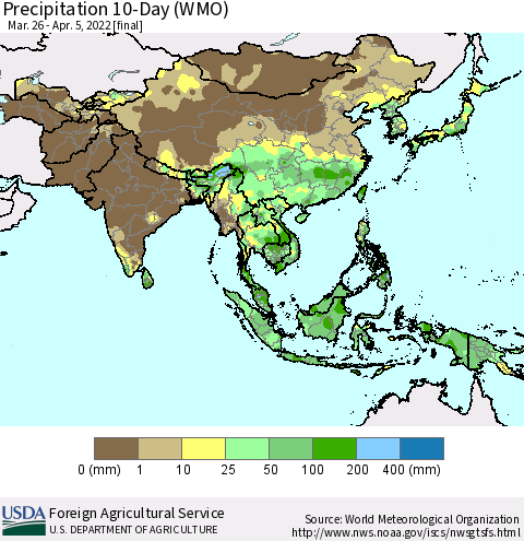 Asia Precipitation 10-Day (WMO) Thematic Map For 3/26/2022 - 4/5/2022
