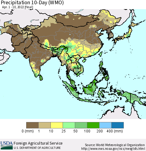 Asia Precipitation 10-Day (WMO) Thematic Map For 4/1/2022 - 4/10/2022