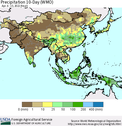 Asia Precipitation 10-Day (WMO) Thematic Map For 4/6/2022 - 4/15/2022