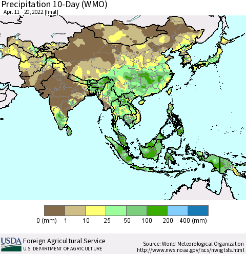 Asia Precipitation 10-Day (WMO) Thematic Map For 4/11/2022 - 4/20/2022