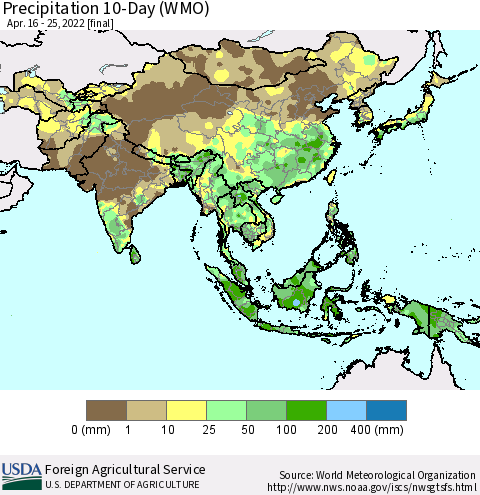 Asia Precipitation 10-Day (WMO) Thematic Map For 4/16/2022 - 4/25/2022