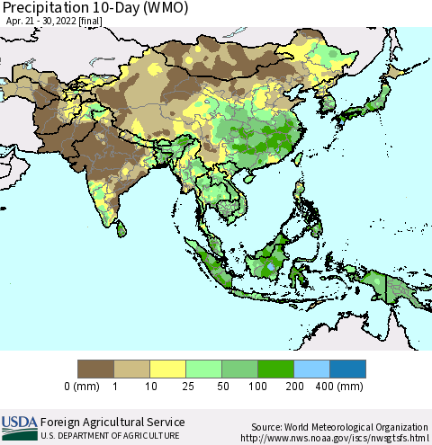 Asia Precipitation 10-Day (WMO) Thematic Map For 4/21/2022 - 4/30/2022