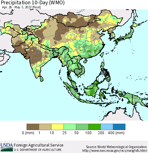 Asia Precipitation 10-Day (WMO) Thematic Map For 4/26/2022 - 5/5/2022