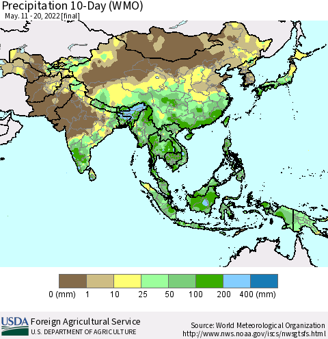 Asia Precipitation 10-Day (WMO) Thematic Map For 5/11/2022 - 5/20/2022