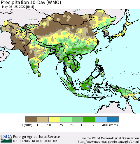 Asia Precipitation 10-Day (WMO) Thematic Map For 5/16/2022 - 5/25/2022