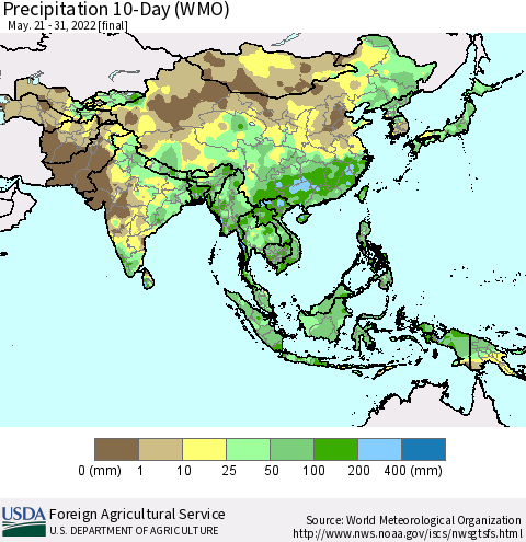 Asia Precipitation 10-Day (WMO) Thematic Map For 5/21/2022 - 5/31/2022