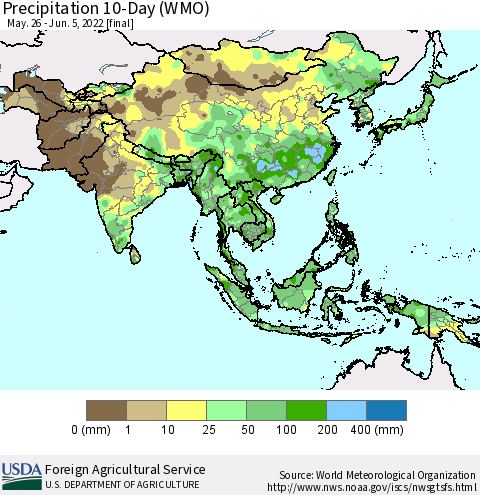Asia Precipitation 10-Day (WMO) Thematic Map For 5/26/2022 - 6/5/2022