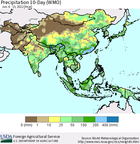 Asia Precipitation 10-Day (WMO) Thematic Map For 6/6/2022 - 6/15/2022