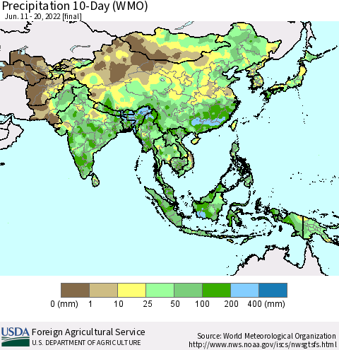 Asia Precipitation 10-Day (WMO) Thematic Map For 6/11/2022 - 6/20/2022