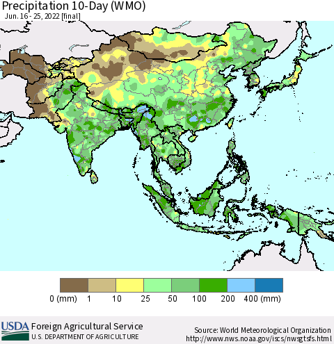 Asia Precipitation 10-Day (WMO) Thematic Map For 6/16/2022 - 6/25/2022