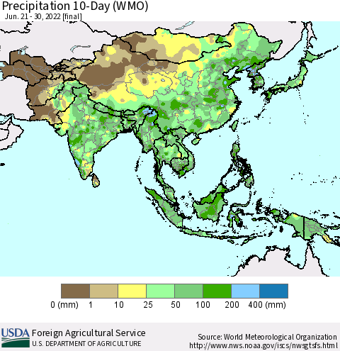 Asia Precipitation 10-Day (WMO) Thematic Map For 6/21/2022 - 6/30/2022