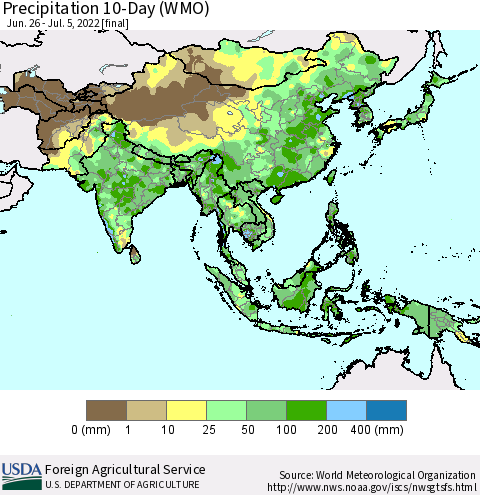 Asia Precipitation 10-Day (WMO) Thematic Map For 6/26/2022 - 7/5/2022