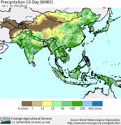 Asia Precipitation 10-Day (WMO) Thematic Map For 7/1/2022 - 7/10/2022