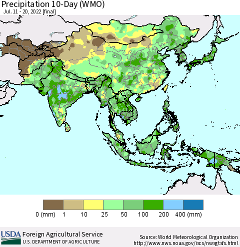 Asia Precipitation 10-Day (WMO) Thematic Map For 7/11/2022 - 7/20/2022