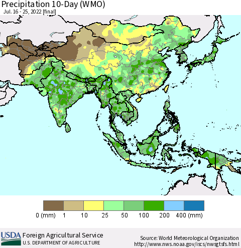 Asia Precipitation 10-Day (WMO) Thematic Map For 7/16/2022 - 7/25/2022