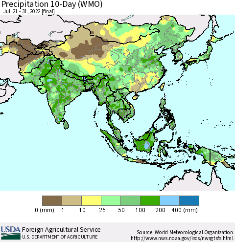 Asia Precipitation 10-Day (WMO) Thematic Map For 7/21/2022 - 7/31/2022