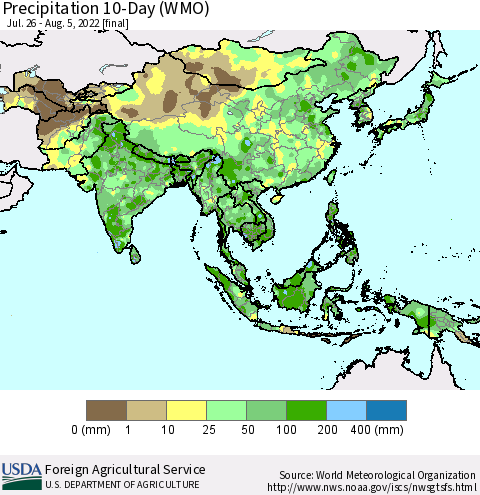Asia Precipitation 10-Day (WMO) Thematic Map For 7/26/2022 - 8/5/2022