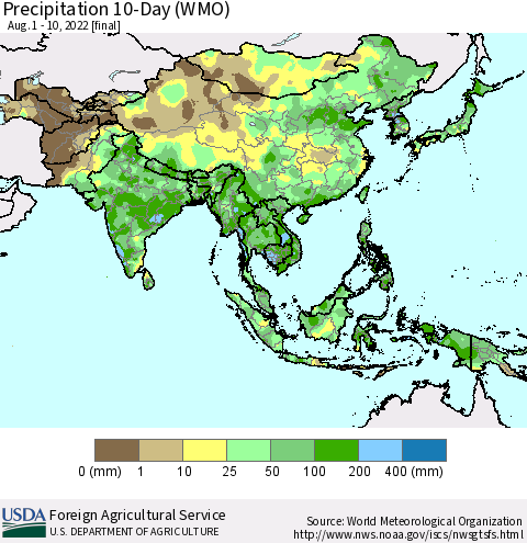 Asia Precipitation 10-Day (WMO) Thematic Map For 8/1/2022 - 8/10/2022