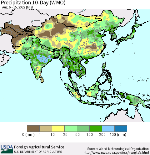 Asia Precipitation 10-Day (WMO) Thematic Map For 8/6/2022 - 8/15/2022