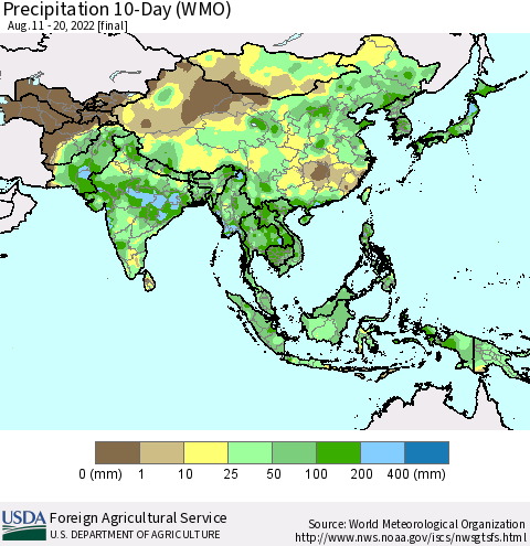 Asia Precipitation 10-Day (WMO) Thematic Map For 8/11/2022 - 8/20/2022