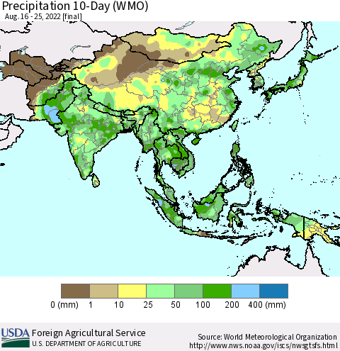 Asia Precipitation 10-Day (WMO) Thematic Map For 8/16/2022 - 8/25/2022