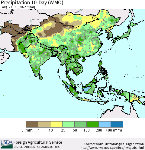 Asia Precipitation 10-Day (WMO) Thematic Map For 8/21/2022 - 8/31/2022