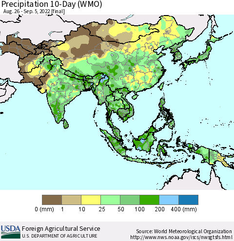 Asia Precipitation 10-Day (WMO) Thematic Map For 8/26/2022 - 9/5/2022