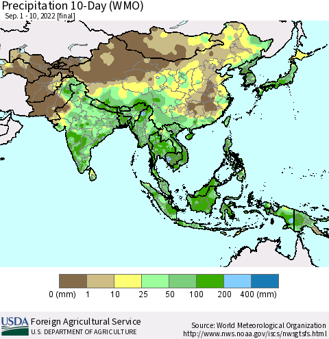 Asia Precipitation 10-Day (WMO) Thematic Map For 9/1/2022 - 9/10/2022