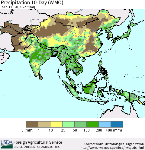 Asia Precipitation 10-Day (WMO) Thematic Map For 9/11/2022 - 9/20/2022