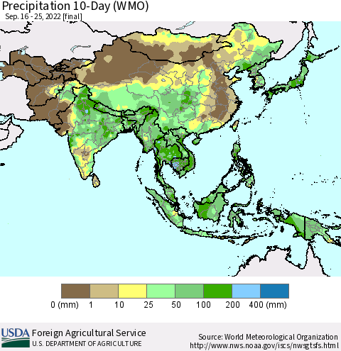 Asia Precipitation 10-Day (WMO) Thematic Map For 9/16/2022 - 9/25/2022