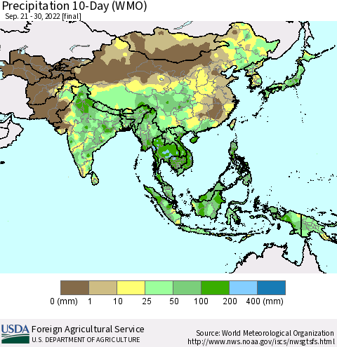 Asia Precipitation 10-Day (WMO) Thematic Map For 9/21/2022 - 9/30/2022