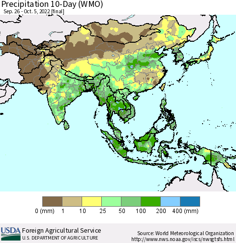 Asia Precipitation 10-Day (WMO) Thematic Map For 9/26/2022 - 10/5/2022