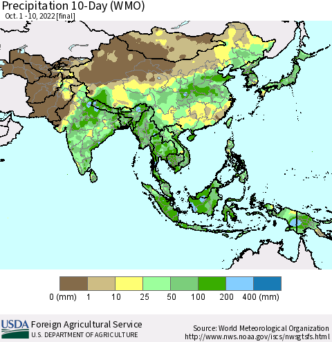 Asia Precipitation 10-Day (WMO) Thematic Map For 10/1/2022 - 10/10/2022